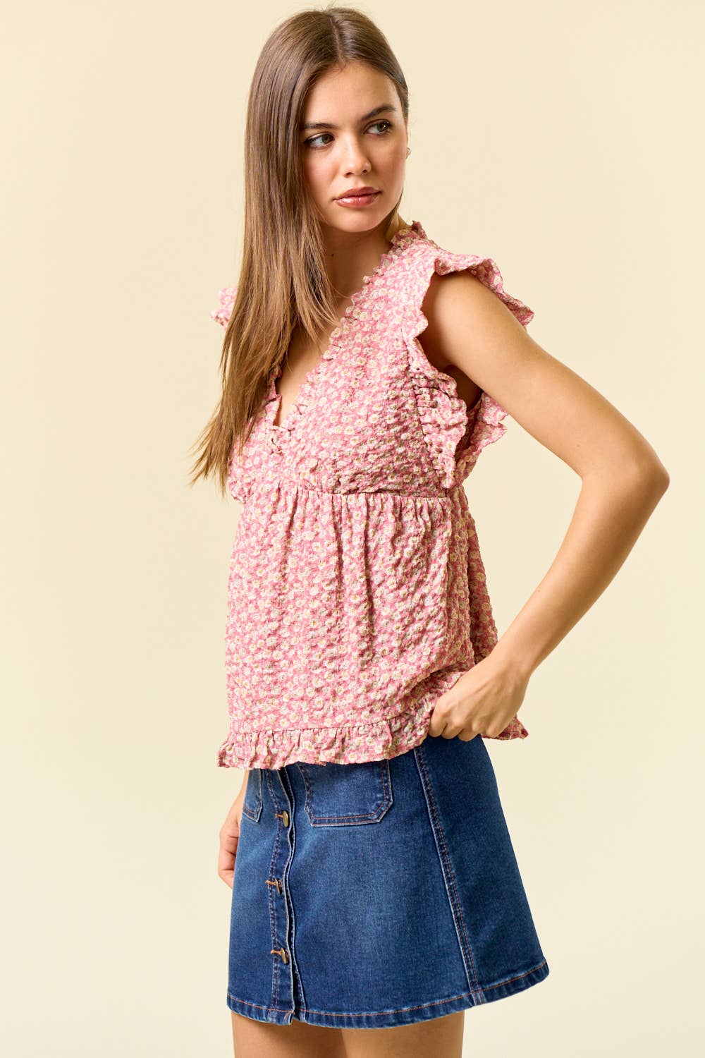 PUFFY FLORAL RUFFLED V-NECKLINE BABYDOLL TOP - 45098T
