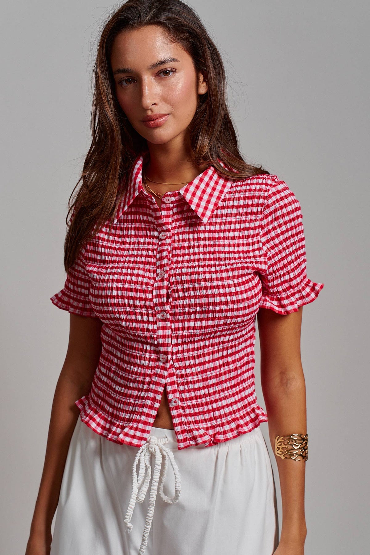 All-Over Smocked Gingham Button-Up Shirt