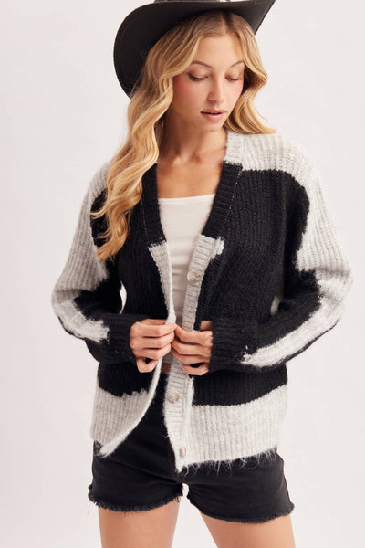 COWHIDE COLORBLOCK BUTTON DOWN FUZZY KNIT SWEATER CARDIGAN
