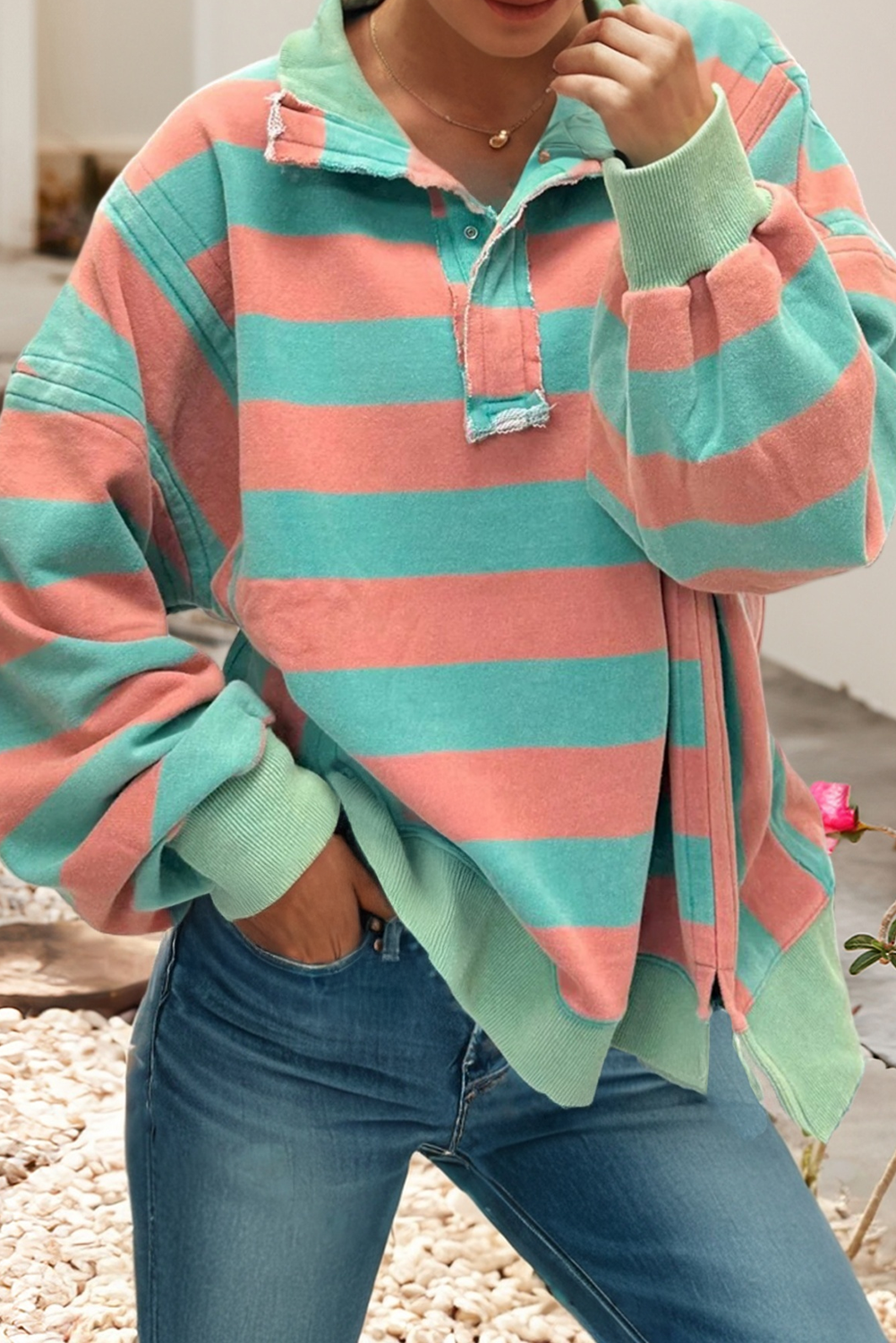 LDC Stripe Colorblock Split Collar Long Sleeve Top