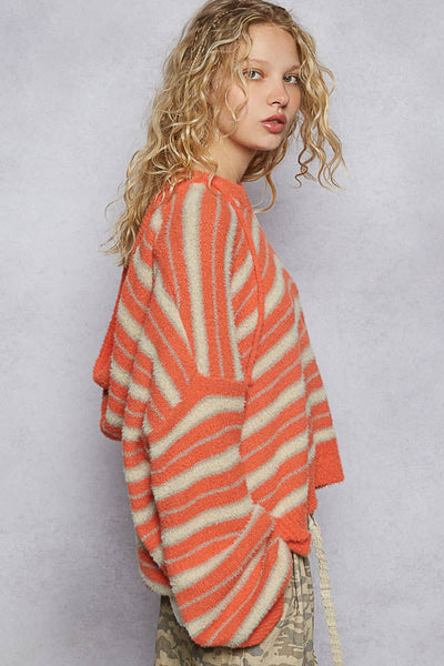 V-neck long sleeve striped hoodie mohair sweater top