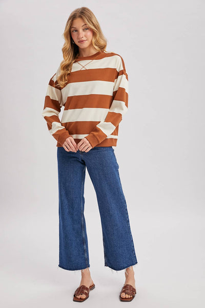 STRIPED BOXY CREW NECK KNIT SWEATSHIRT