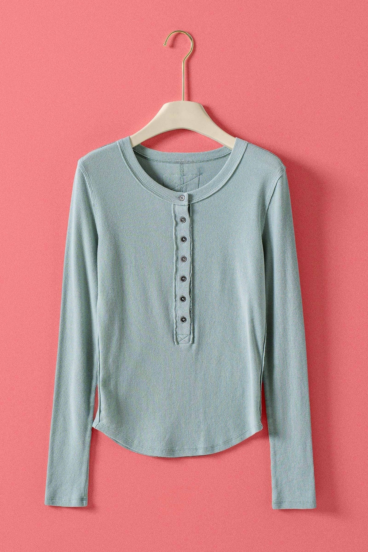 Ribbed Henley Long Sleeve Top