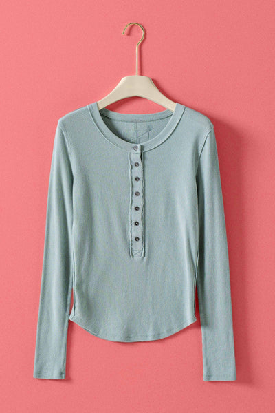 Ribbed Henley Long Sleeve Top
