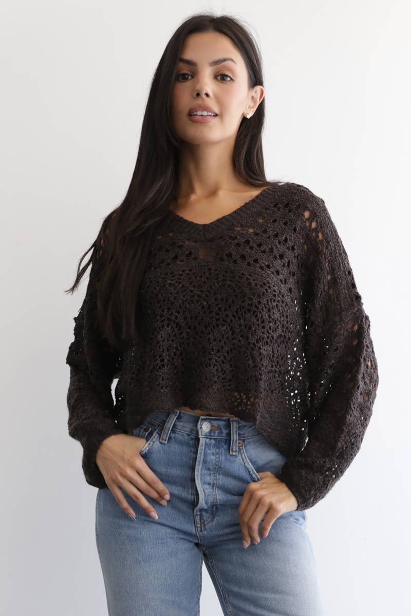 OPEN KNIT V NECK PULLOVER SWEATER