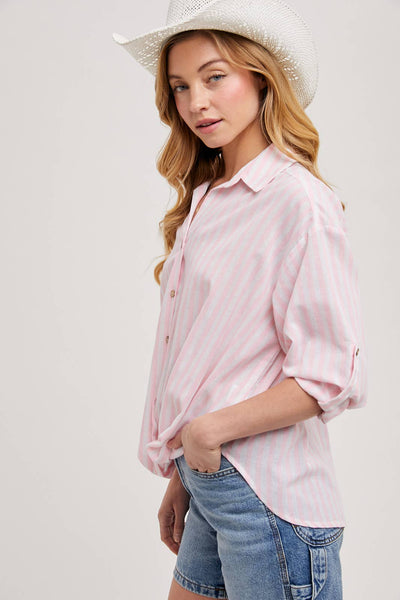 STRIPED BUTTON DOWN KNOTTED FRONT SHIRT