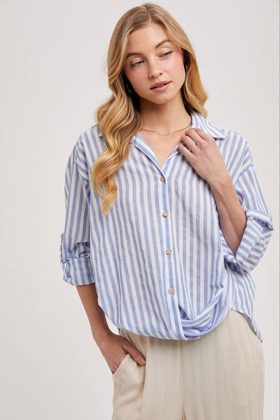 STRIPED BUTTON DOWN KNOTTED FRONT SHIRT