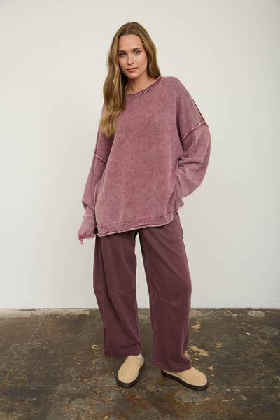 WASHED RAW EDGE CREW NECK DROP SLEEVE SWEATER