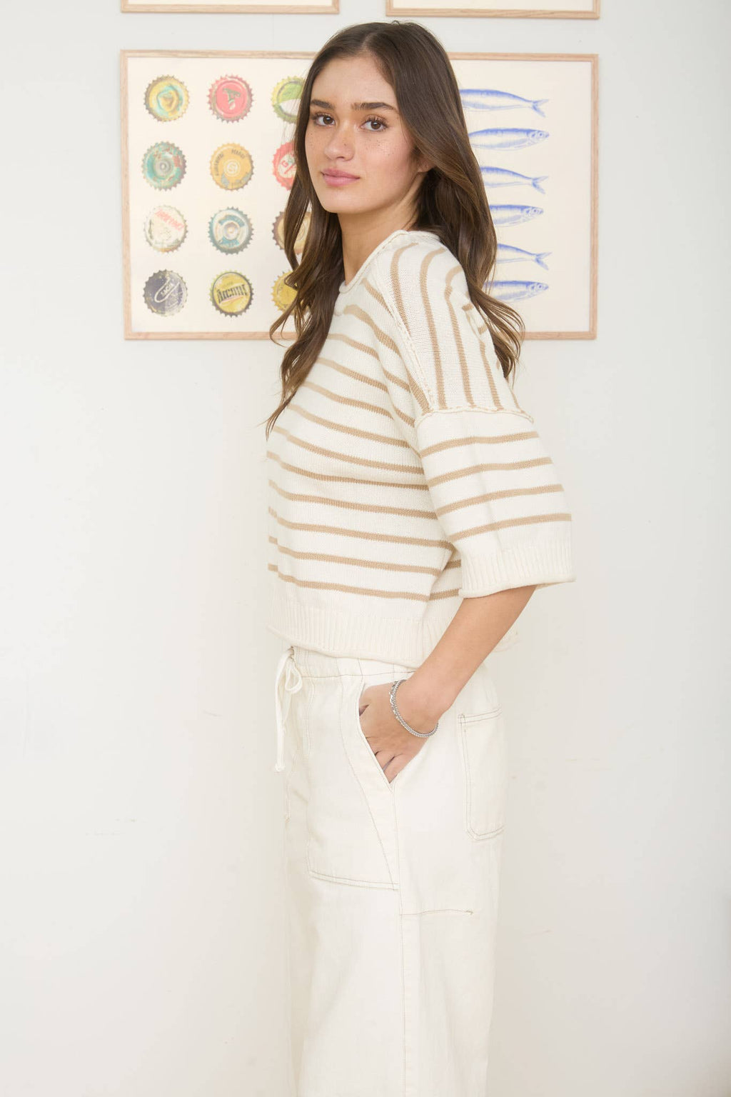 STRIPE RAW EDGE DROP SHOULDER SHORT SLEEVE SWEATER