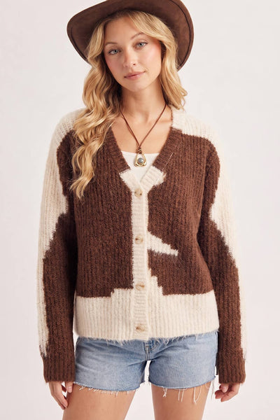 COWHIDE COLORBLOCK BUTTON DOWN FUZZY KNIT SWEATER CARDIGAN