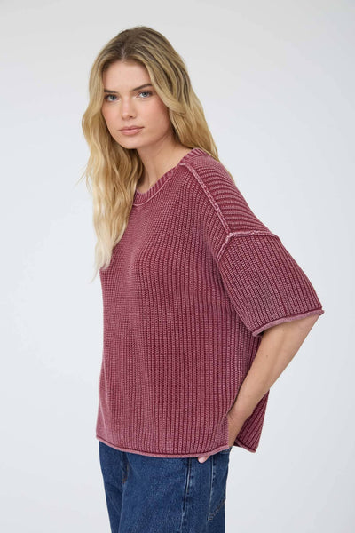 WASHED CREW NECK RAW EDGE SHORT SLEEVE SWEATER