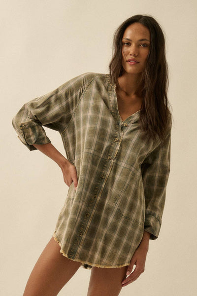 Plaid Flannel Raw-Edge Button-Up Mini Shirt Dress