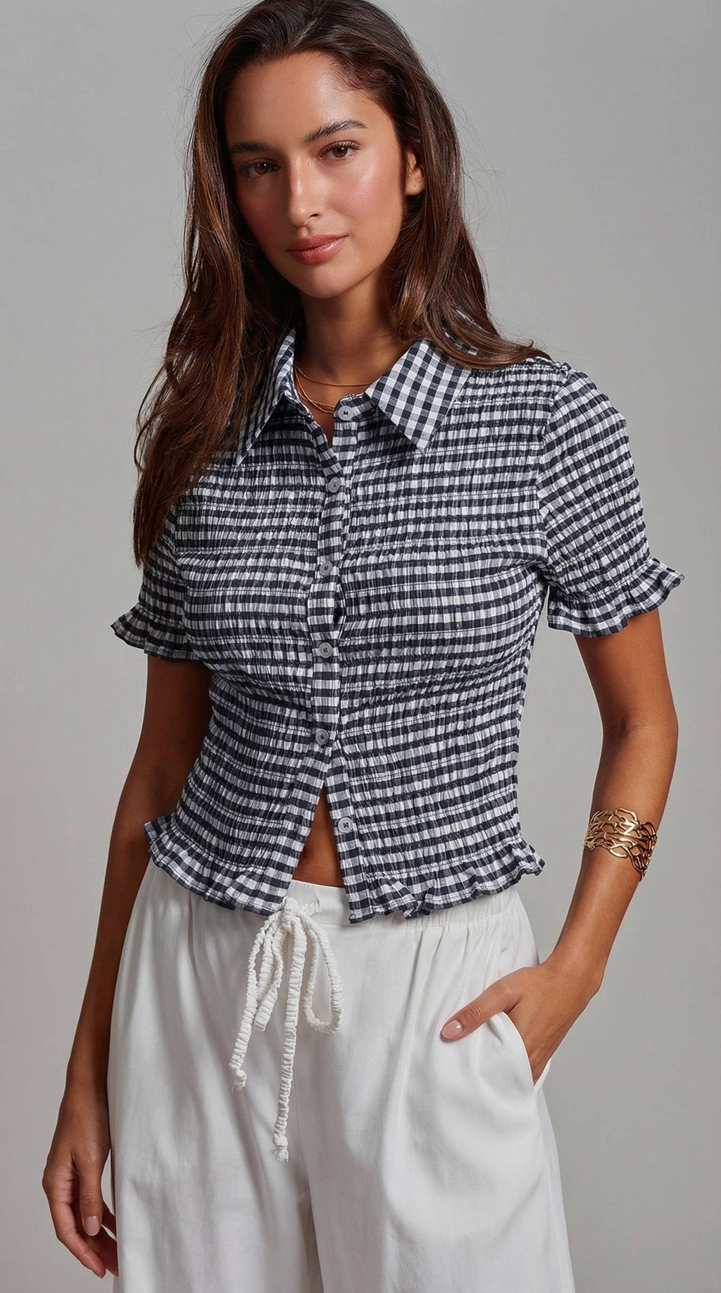 All-Over Smocked Gingham Button-Up Shirt