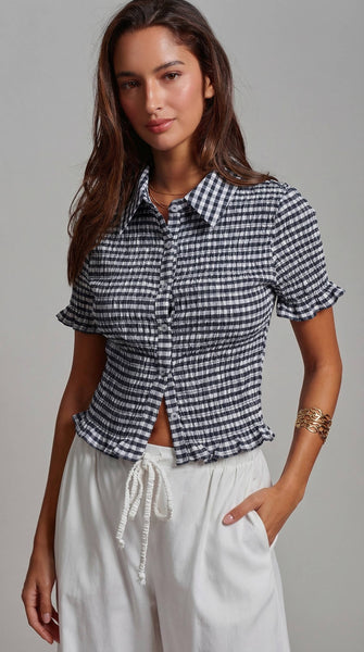 All-Over Smocked Gingham Button-Up Shirt