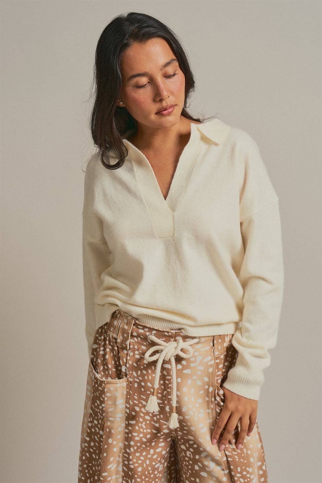Brushed Knit Johnny Collar Polo Sweater