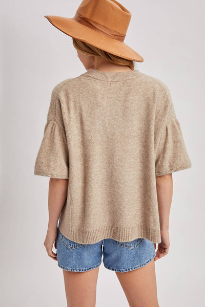 GATHERED SHORT SLEEVE BOXY KNIT SWEATER TOP