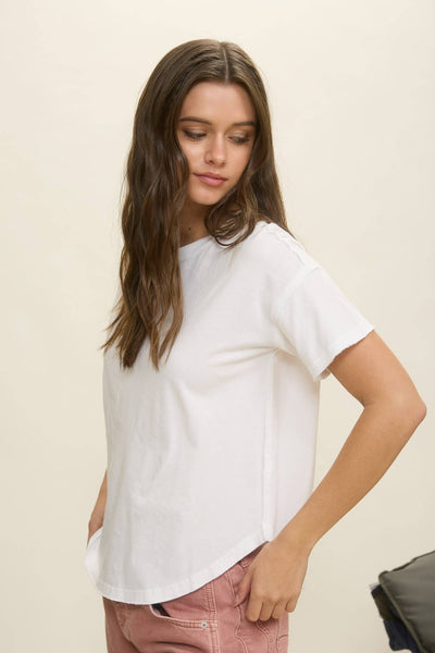 EXPOSED SEAM RAW EDGE SHORT SLEEVE KNIT TOP