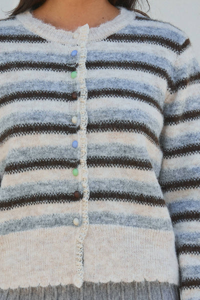Lace Trim Striped Knit Cardigan With Candy Buttons