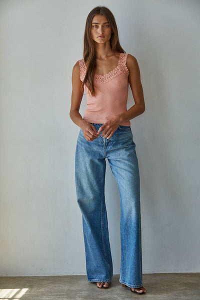 S1217N | Knit Seamless Ribbed Tank Top with Lace Trim