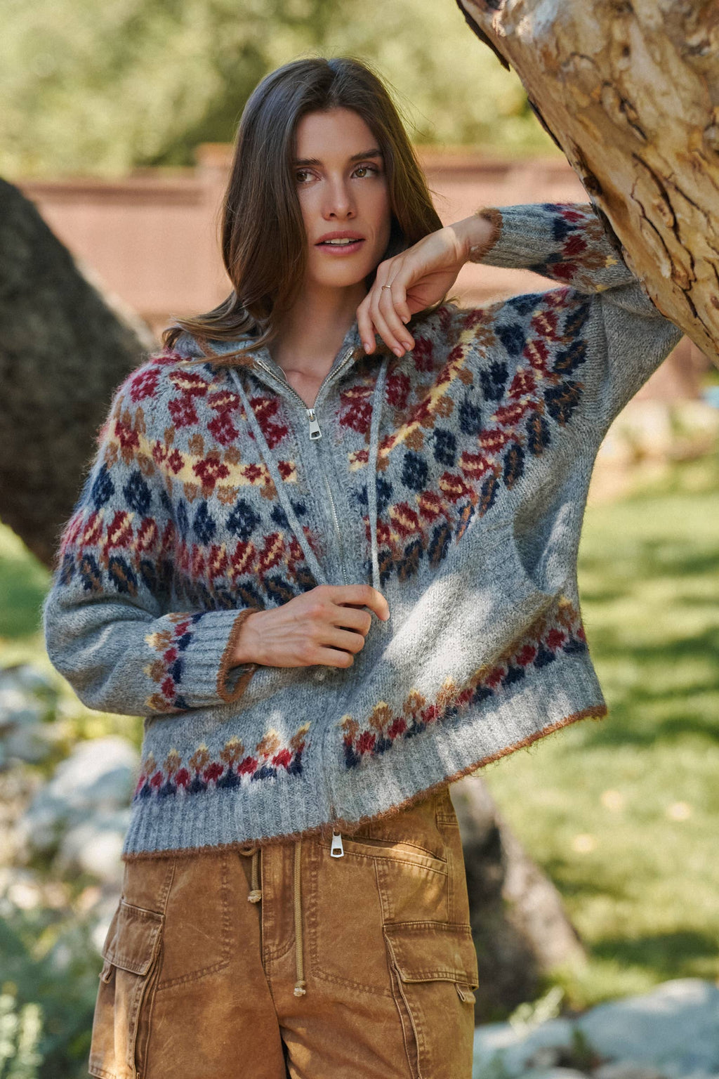Fair Isle Knit Zip Hoodie Cardigan Sweater