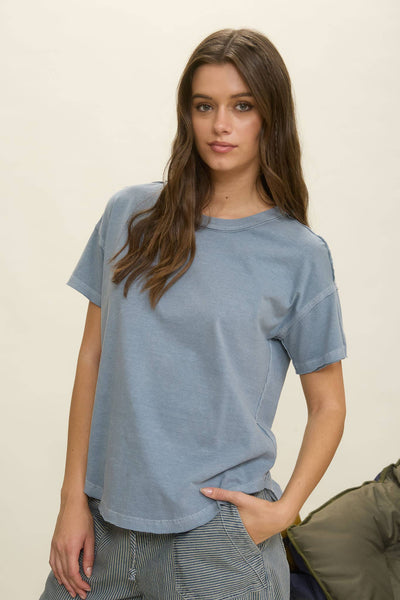 EXPOSED SEAM RAW EDGE SHORT SLEEVE KNIT TOP