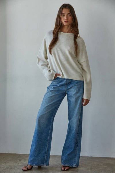 W2114 | Knit Sweater Rolled Round Neck Pullover Top