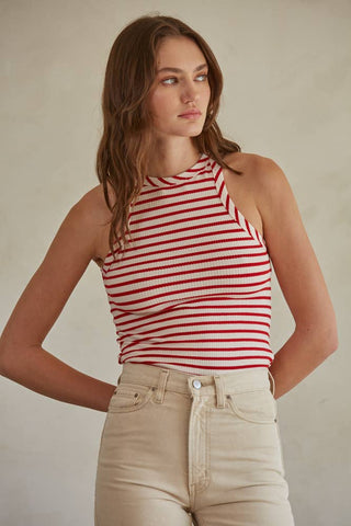 RJ3320 | Knit Ribbed Striped Round Neck Sleeveless Tank Top