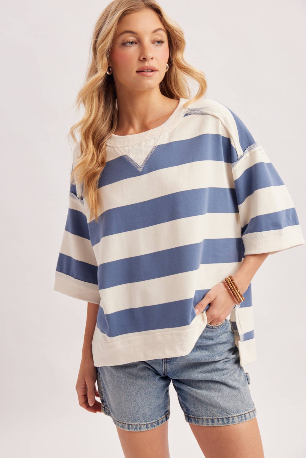 STRIPE OVERSIZED CREW NECK KNIT T-SHIRT TOP