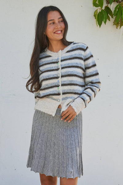 Lace Trim Striped Knit Cardigan With Candy Buttons