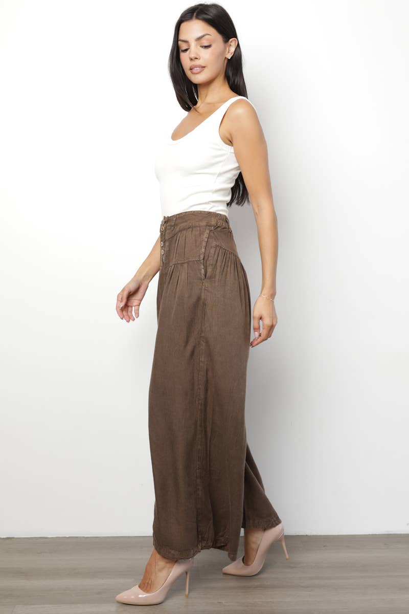B3794-ASIS ACID WASH BUTTON FRONT WIDE LEG PANTS