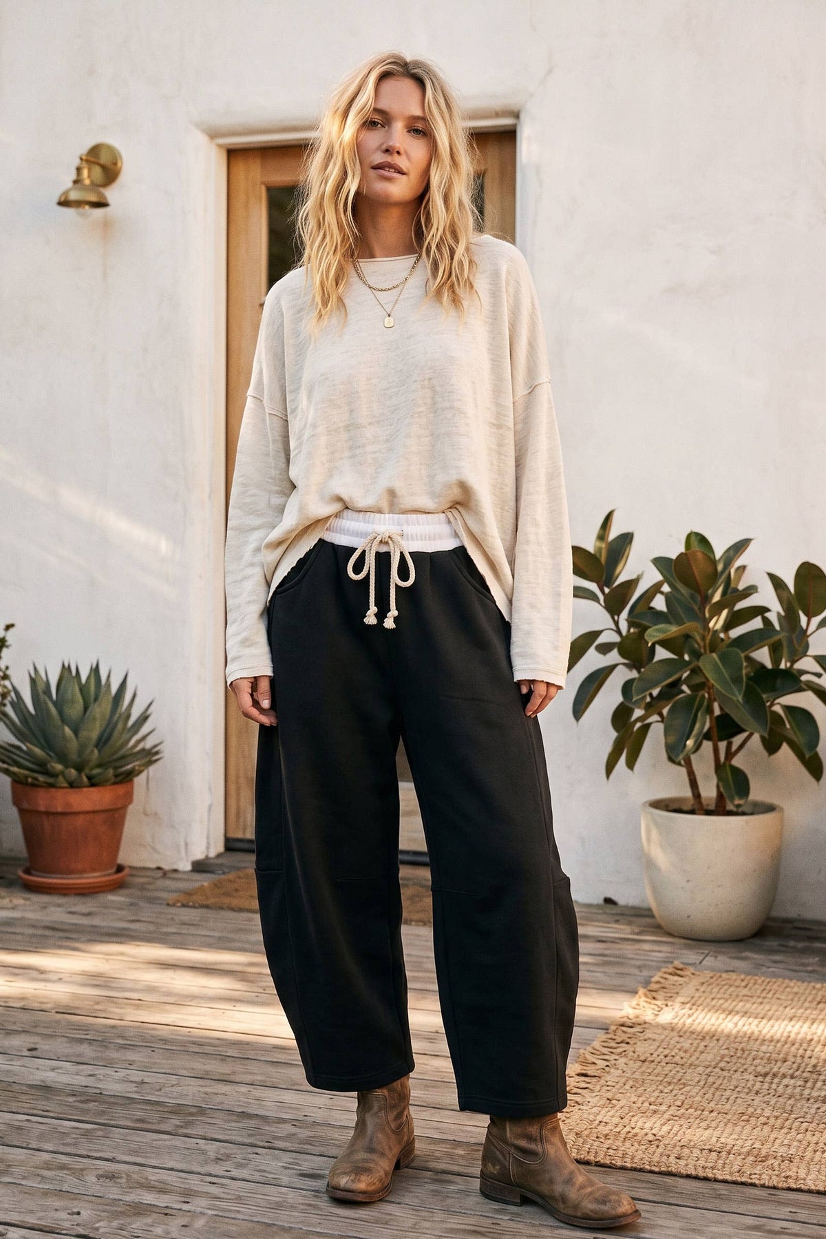 Fleece-Lined Oversized Barrel Leg Drawstring Pants