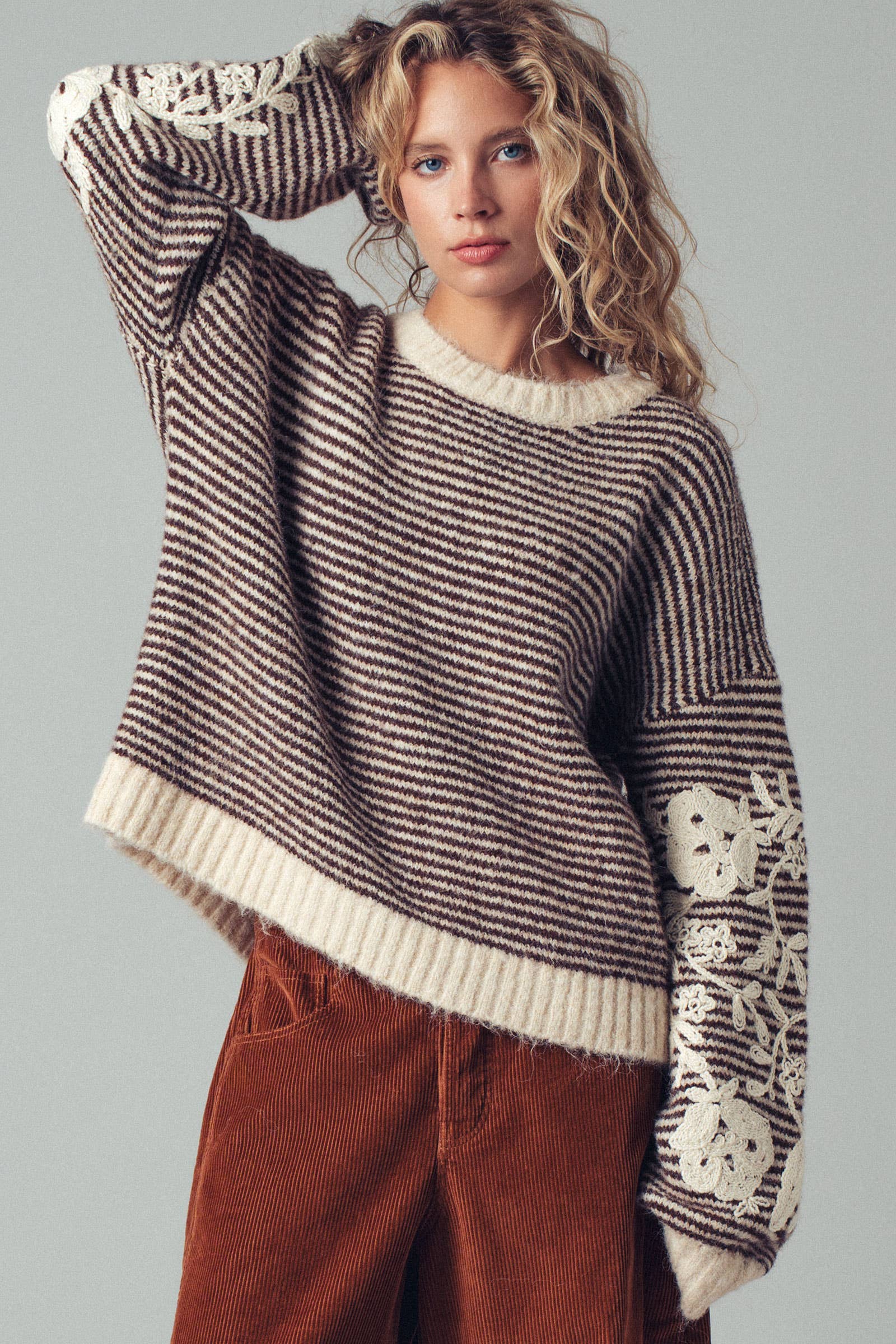 Floral Embroidered Striped Knit Sweater