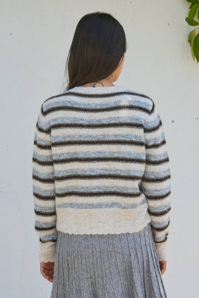 Lace Trim Striped Knit Cardigan With Candy Buttons
