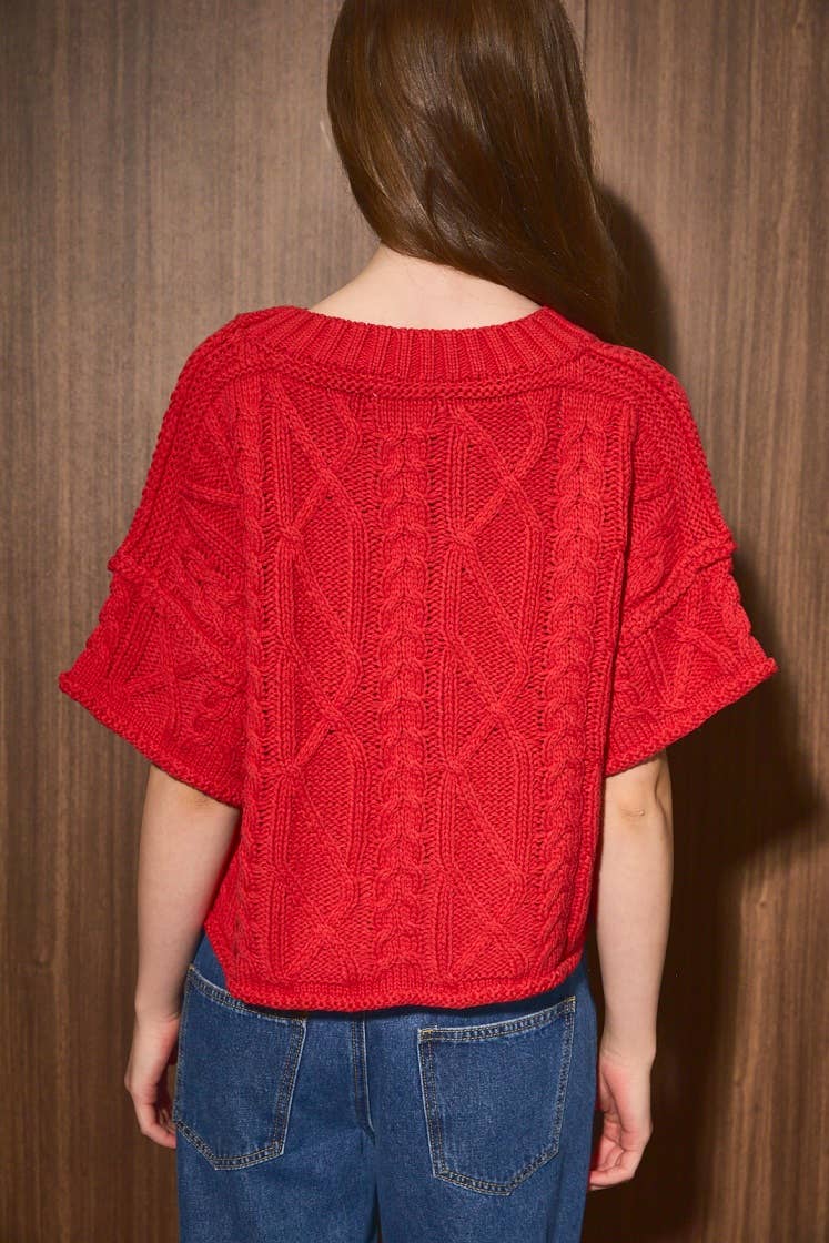 ROUND NECK SHORT SLEEVE KNIT SWEATER TOP