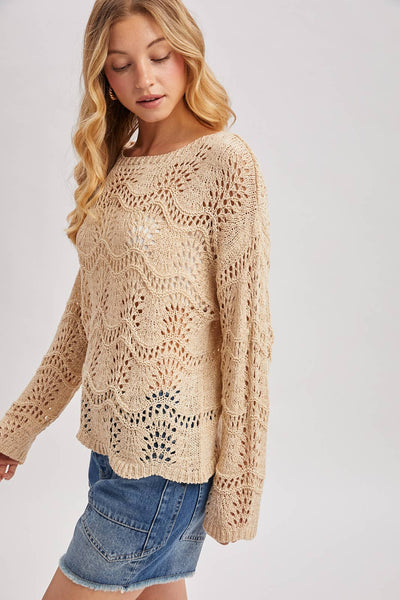 BOAT NECK SCALLOPED HEM OPEN KNIT SWEATER
