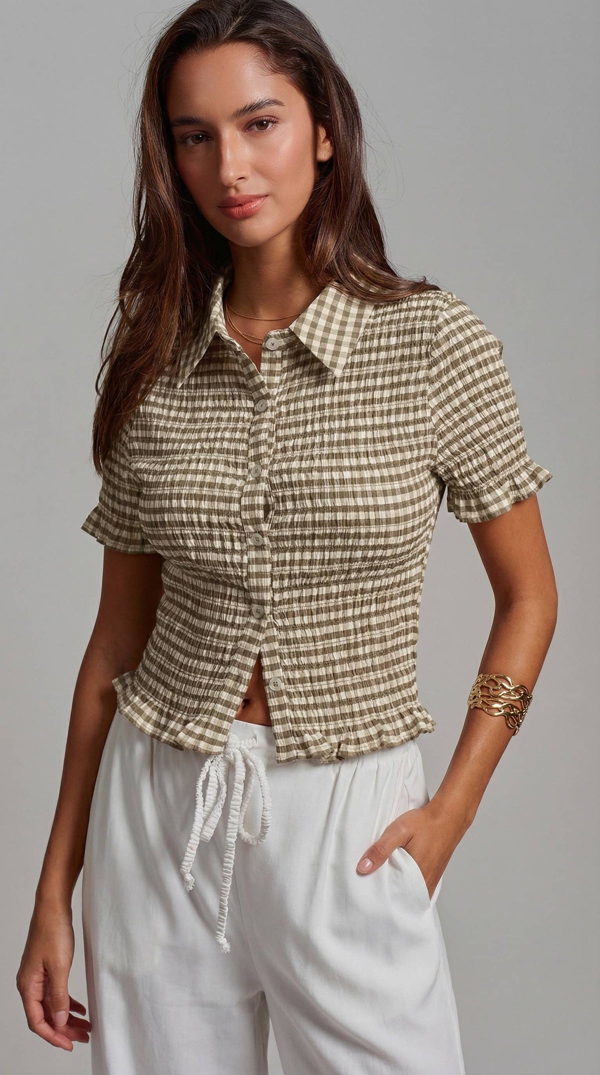 All-Over Smocked Gingham Button-Up Shirt
