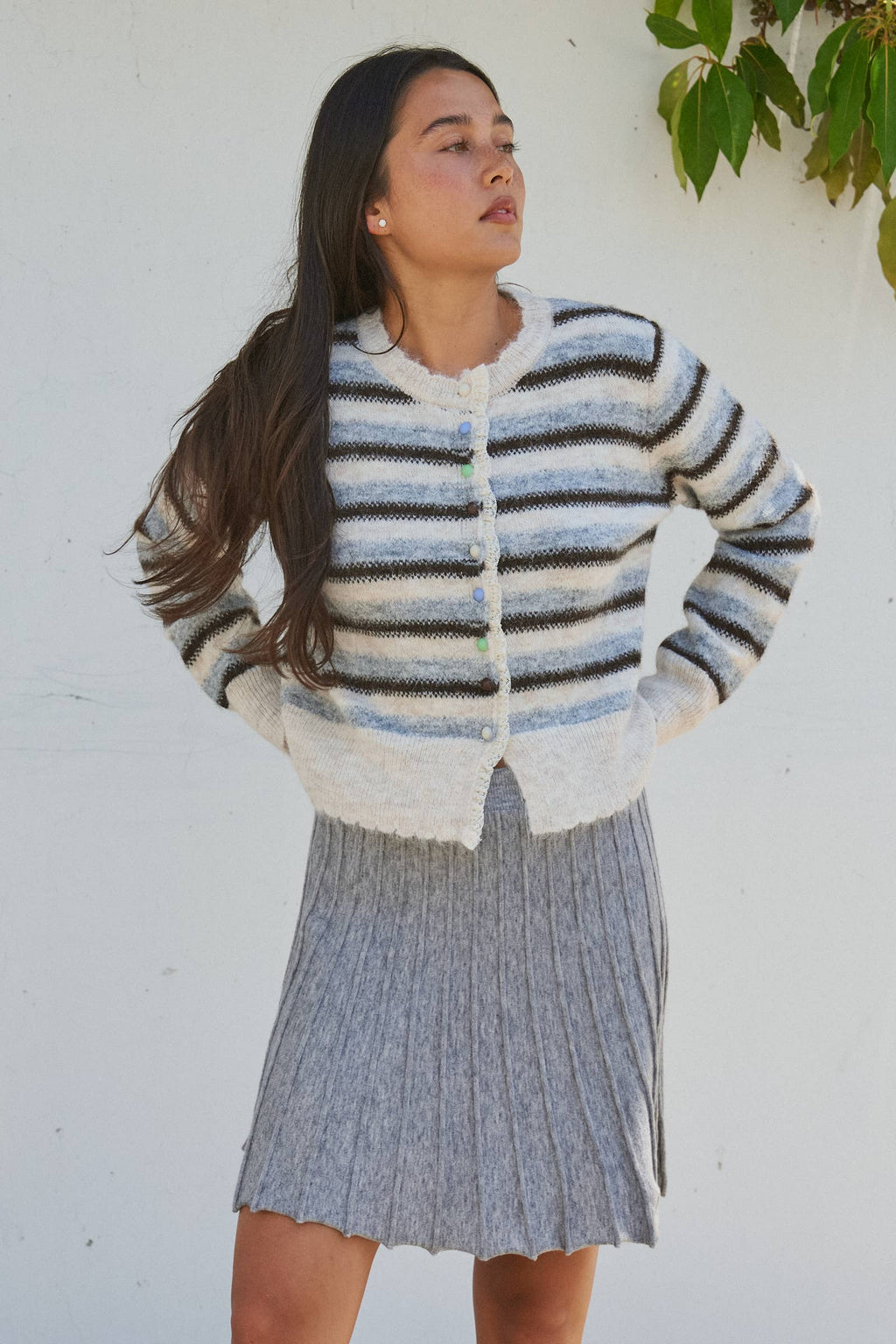 Lace Trim Striped Knit Cardigan With Candy Buttons