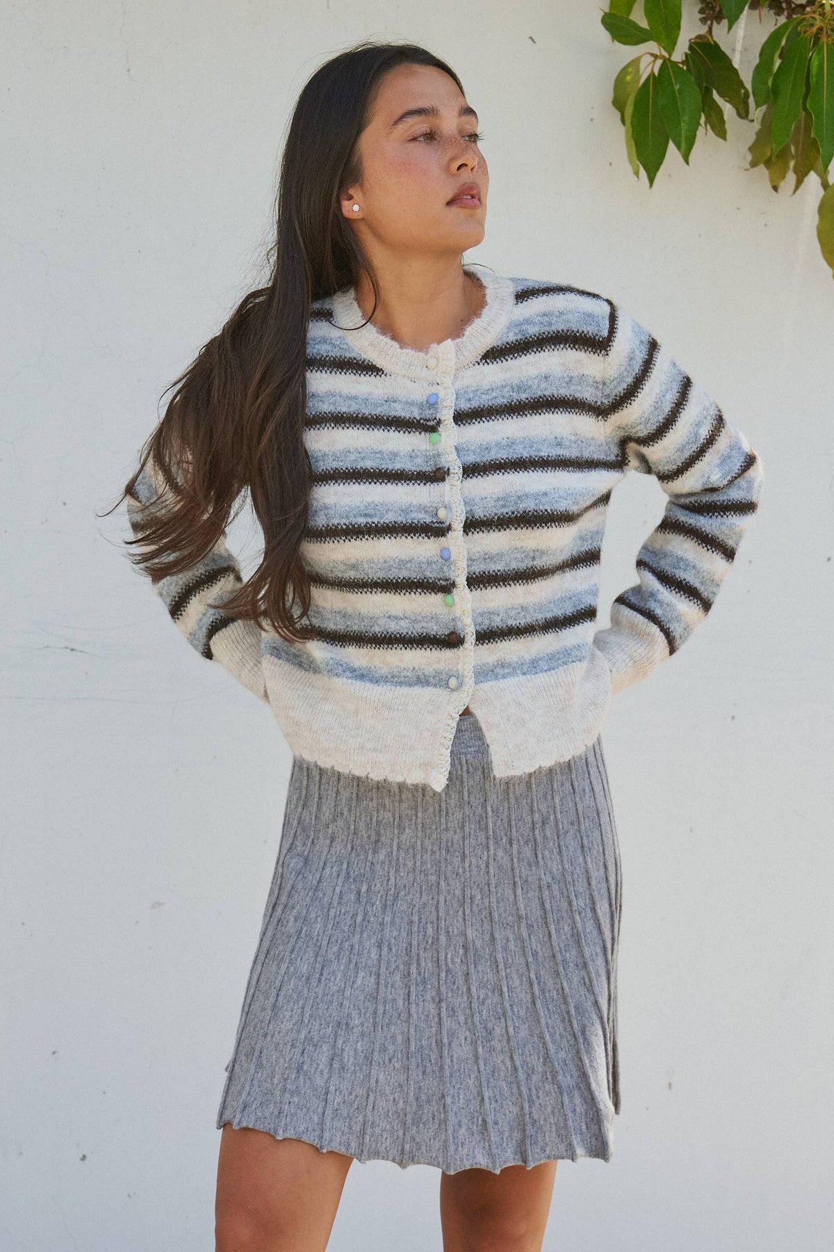 Lace Trim Striped Knit Cardigan With Candy Buttons