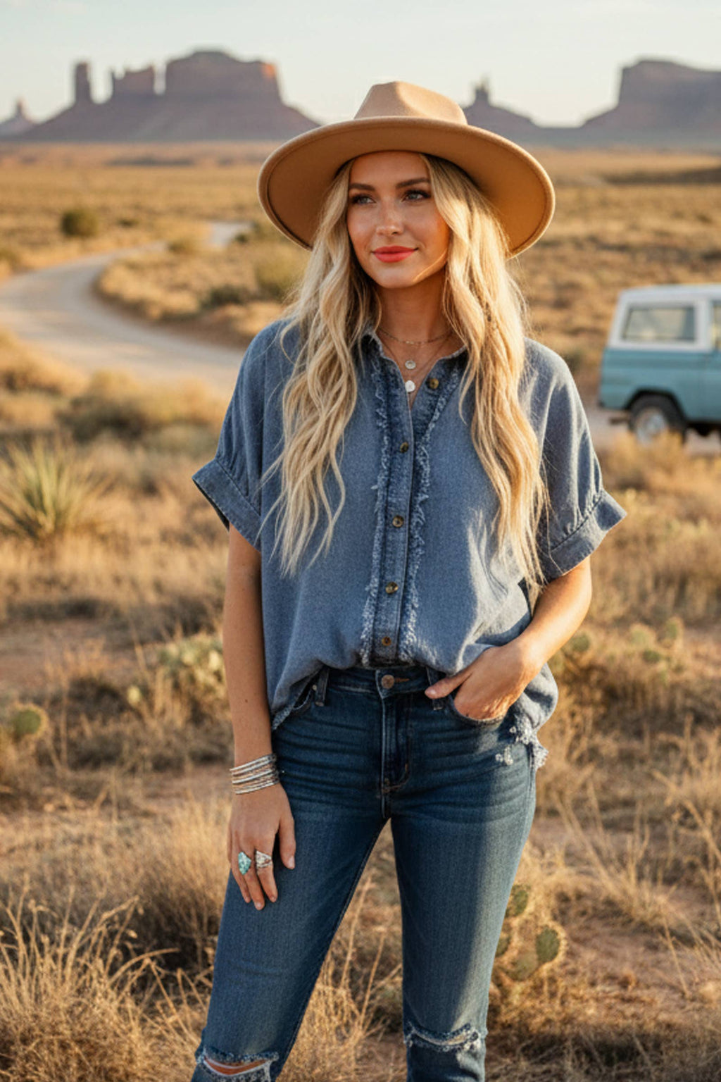 Oversized Frayed Trim Denim Button Top