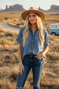 Oversized Frayed Trim Denim Button Top
