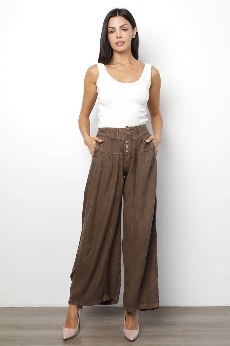 B3794-ASIS ACID WASH BUTTON FRONT WIDE LEG PANTS