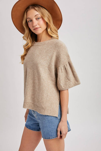 GATHERED SHORT SLEEVE BOXY KNIT SWEATER TOP