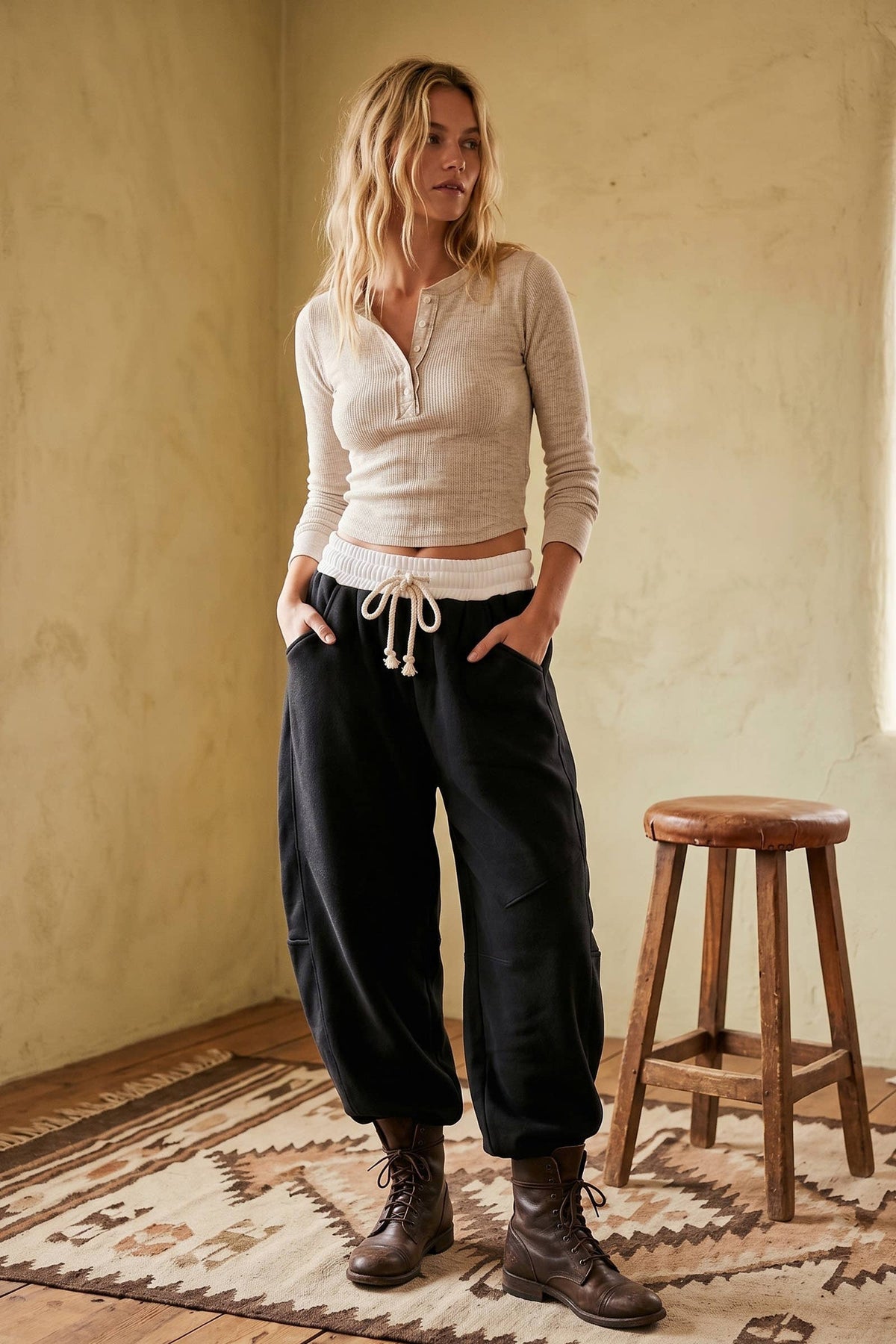 Fleece-Lined Oversized Barrel Leg Drawstring Pants