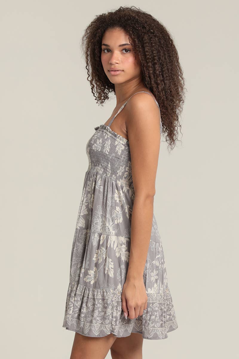 SPAGHETTI STRAP SMOCKED FLORAL TIERED DRESS