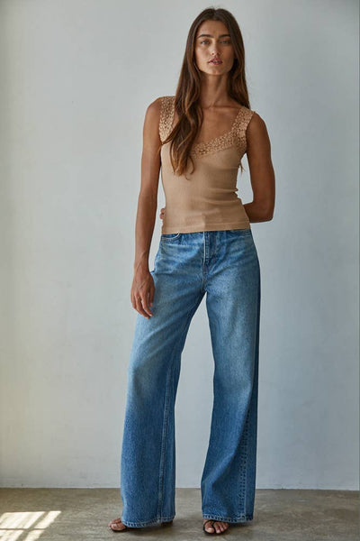 S1217N | Knit Seamless Ribbed Tank Top with Lace Trim