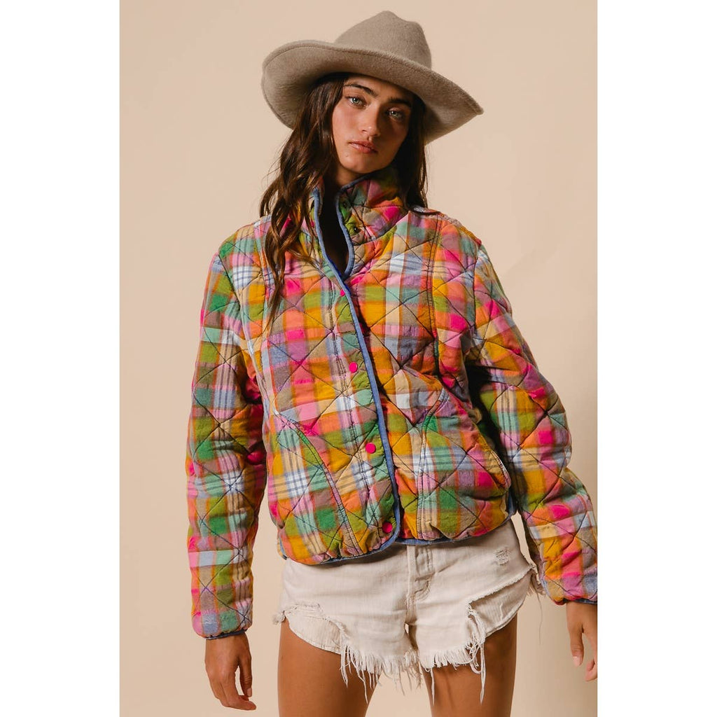 BLEACHED VINTAGE PLAID QUILTED JACKET WITH POCKETS