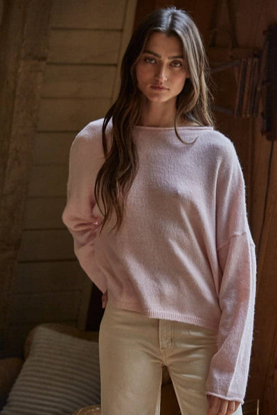 W2114 | Knit Sweater Rolled Round Neck Pullover Top