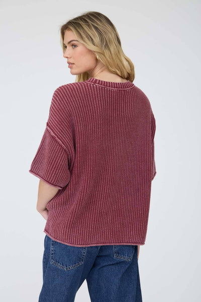 WASHED CREW NECK RAW EDGE SHORT SLEEVE SWEATER