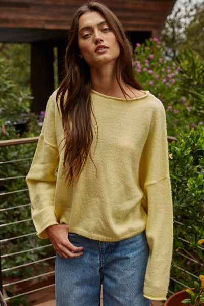 W2114 | Knit Sweater Rolled Round Neck Pullover Top