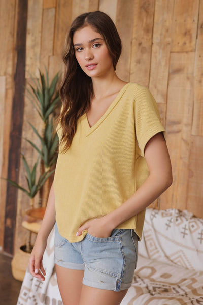 RAW EDGE V NECK EXTENDED SHORT SLEEVE KNIT TOP